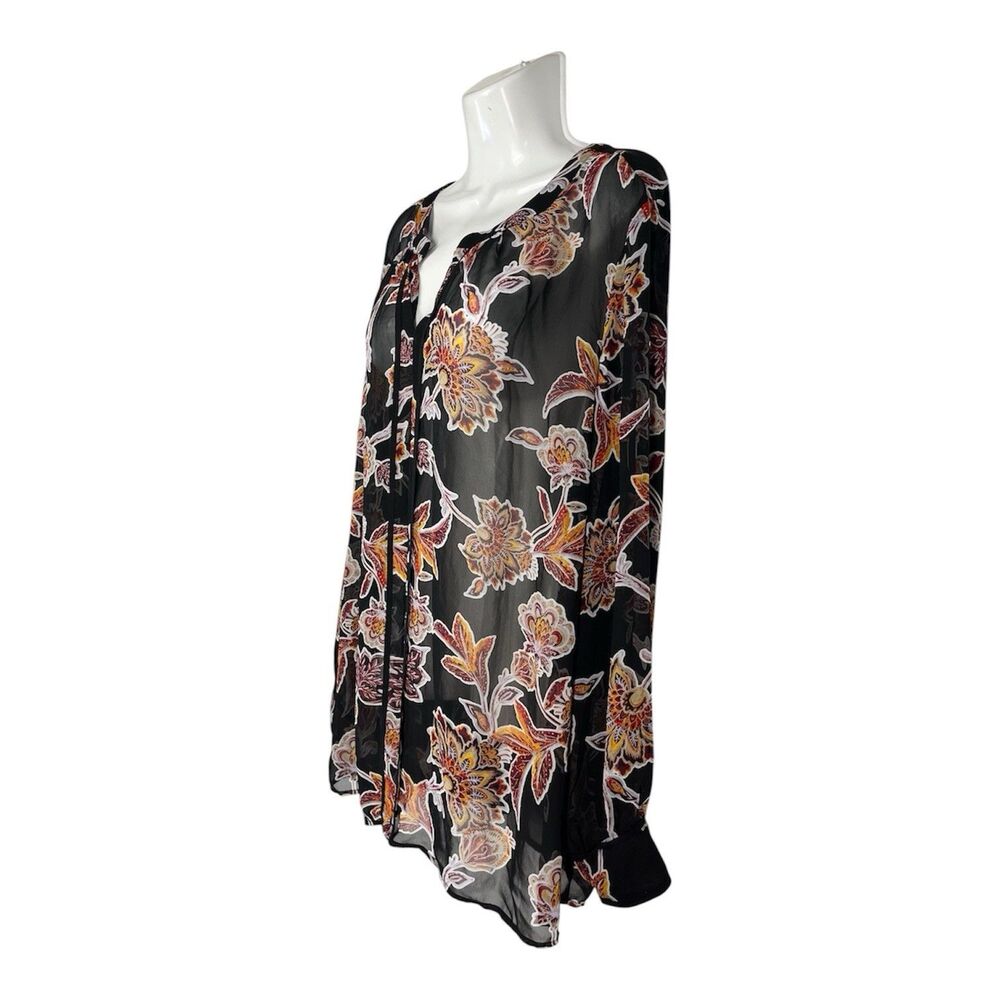 Liz Claiborne 2X Blouse Black Long Sleeve Floral Sheer Tunic Top Career Boho - Picture 3 of 8